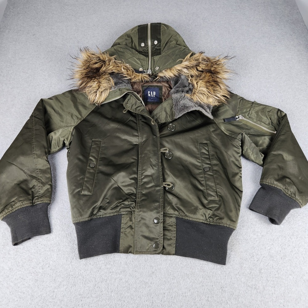 Gap Bomber Jacket Womens S Olive Faux Fur Hooded Military Utility Button Front